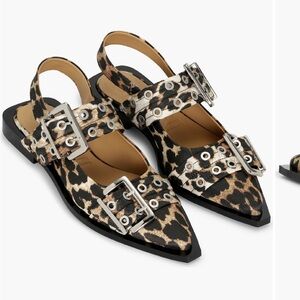 Ganni Leopard Print Buckle Slingback Flats